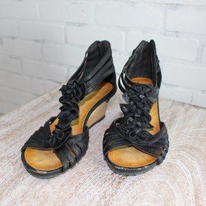 Black Wedge Sandals zipper & floral embellishment